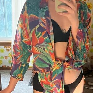 NWT Rare Print! Ala von Auersperg Birds of Paradise 100% Silk Kimono/Coverup